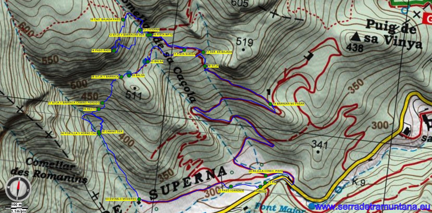 Recorte del mapa de Alpina Tramuntana Sud con la ruta realizada