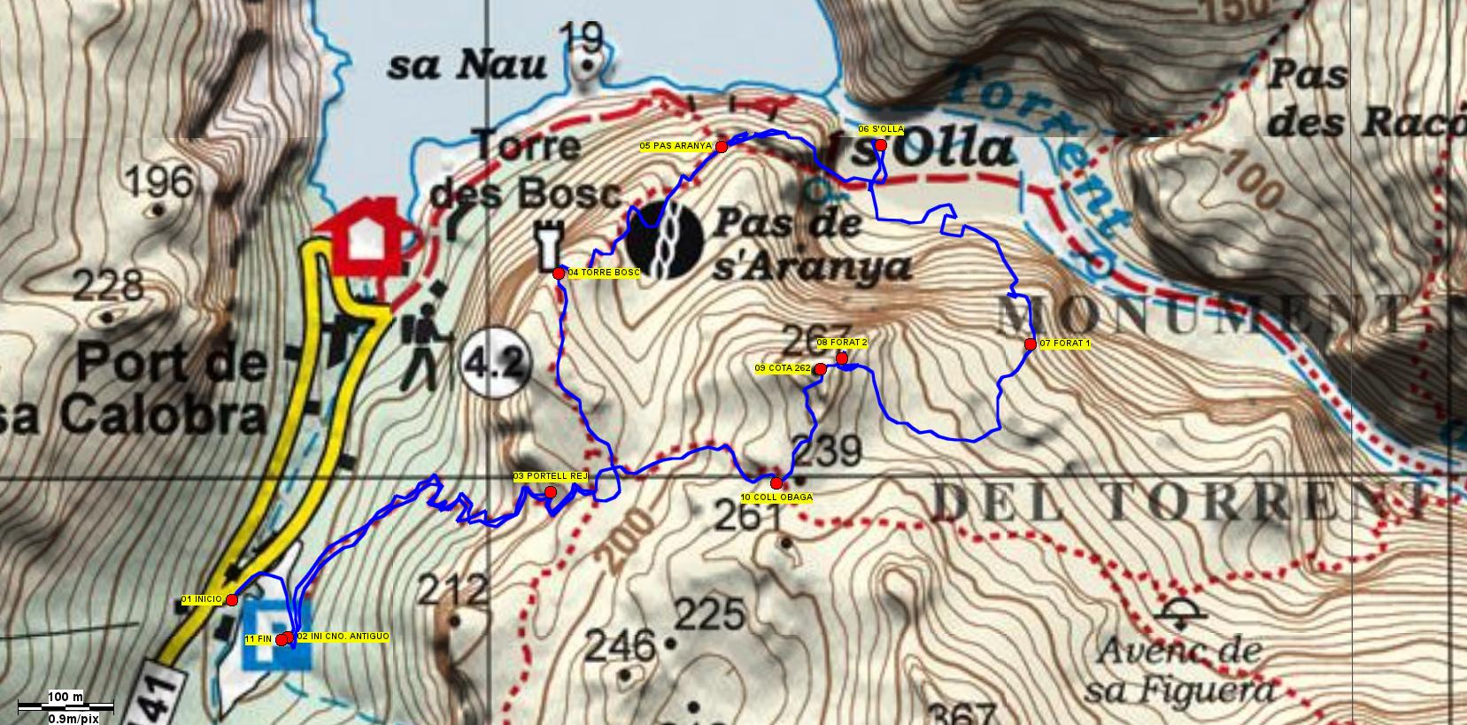 Recorte del mapa de Alpina de la zona con el trazado realizado
