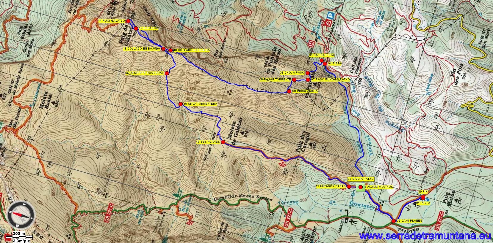 Mapa de la Editorial Alpina con el trazo de la ruta realizada